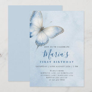 Custom Elegant Blue Butterfly Watercolor Birthday  Invitation
