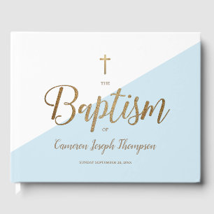 Custom Elegant Blue gold Cross Baby Baptism Guest Book