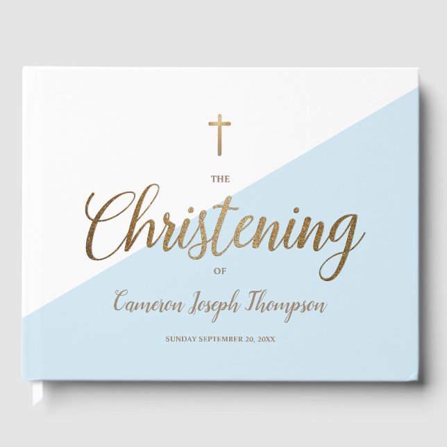 Custom Elegant Blue gold Cross Baby Christening Guest Book (Front)