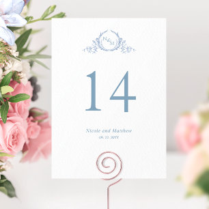 Custom, Elegant Blue Monogram Wedding Table Number