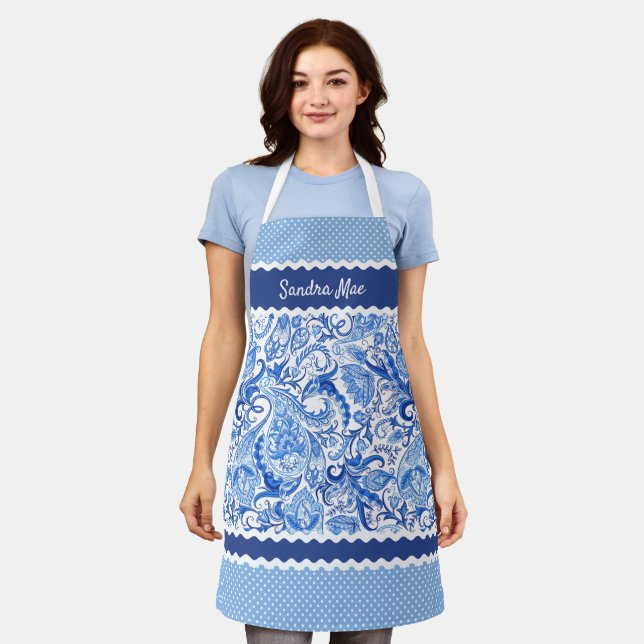 Custom Elegant Blue White Floral Paisley Pattern Apron (Worn)