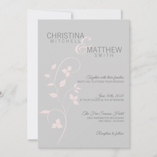 Custom Elegant Blush Pink Grey Vine Leaves Wedding Invitation (Front)