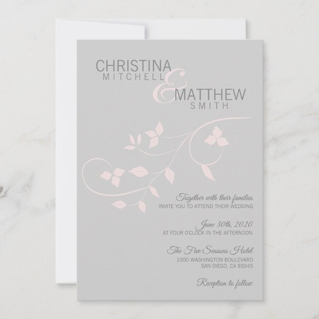 Custom Elegant Blush Pink Rose Grey Vine Wedding Invitation (Front)