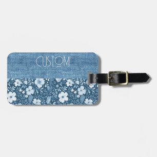 Custom Elegant Botanical Blue Faux Denim Look  Luggage Tag