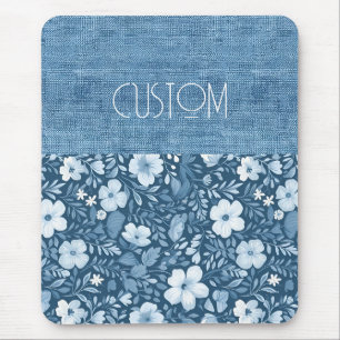 Custom Elegant Botanical Blue Faux Denim Look Mouse Mat