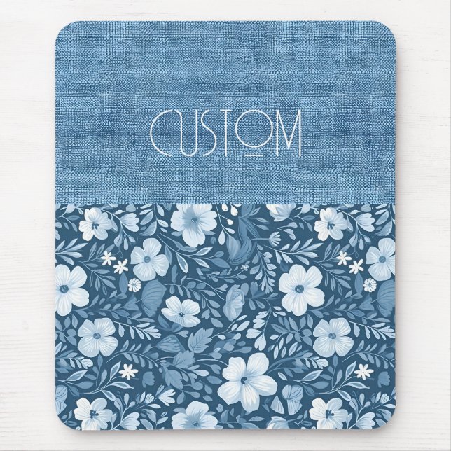 Custom Elegant Botanical Blue Faux Denim Look  Mouse Mat (Front)