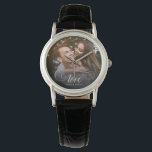 Custom Elegant Calligraphy Couple Wedding Photo Watch<br><div class="desc">Elegant wedding keepsake for Newlyweds,  Valentine's Day,  engagement,  showcasing your favourite couple photo with modern script calligraphy reading LOVE over your custom text like names and / or date or a personal message over a dark gradient to make the typography stand out.</div>