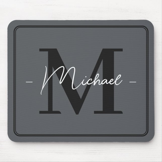 Custom Elegant Charcoal Grey Initial Office Name Mouse Mat (Front)