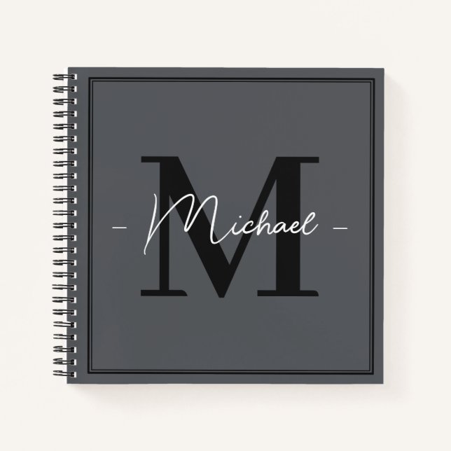 Custom Elegant Charcoal Grey Initial Office Name Notebook (Front)