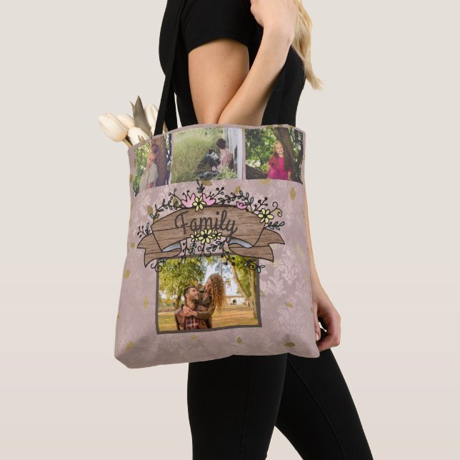 Custom / Elegant Chic Rustic Family Photo Collage Tote Bag (Close Up)