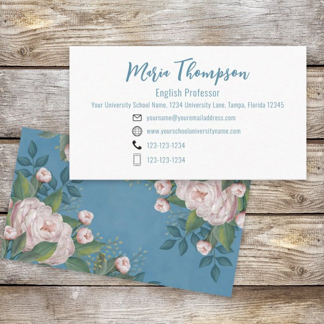 Custom Elegant Chic Simple Pink Blue Floral Rose Business Card (Creator Uploaded)