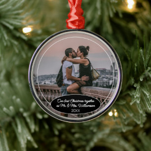 Custom Elegant Classic Couple Photo 1st Christmas Metal Tree Decoration