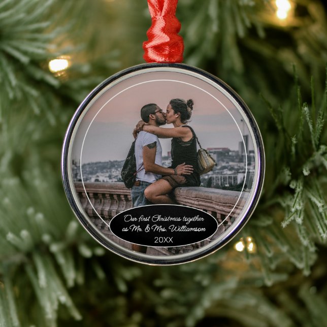 Custom Elegant Classic Couple Photo 1st Christmas Metal Tree Decoration (Tree)
