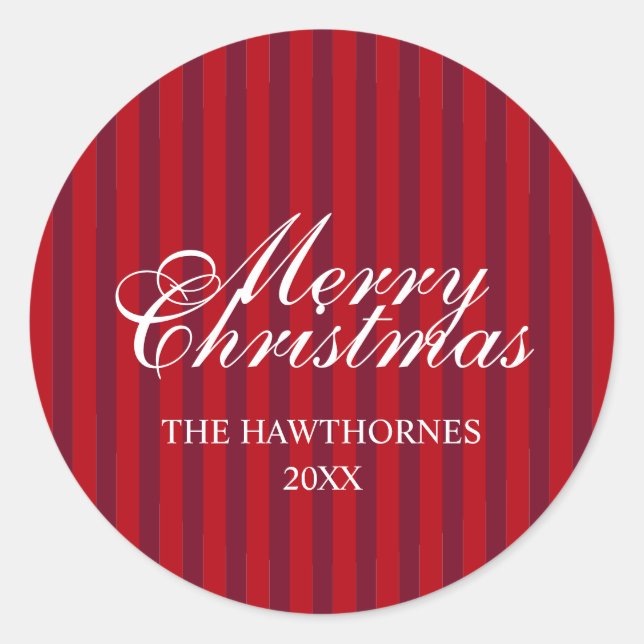 Custom Elegant Classic Script Christmas Stripe Round Sticker (Front)