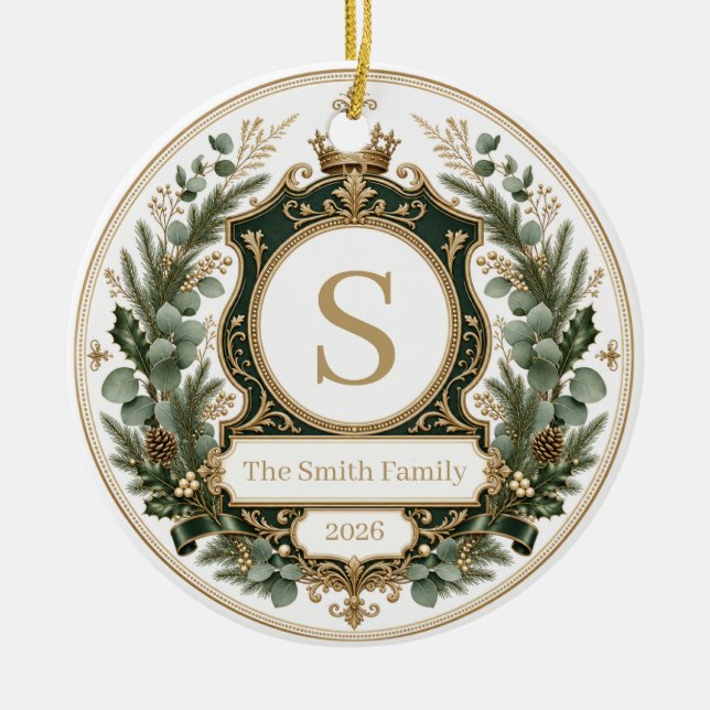 Custom Elegant Family Name Monogrammed Ceramic Tree Decoration (Front)