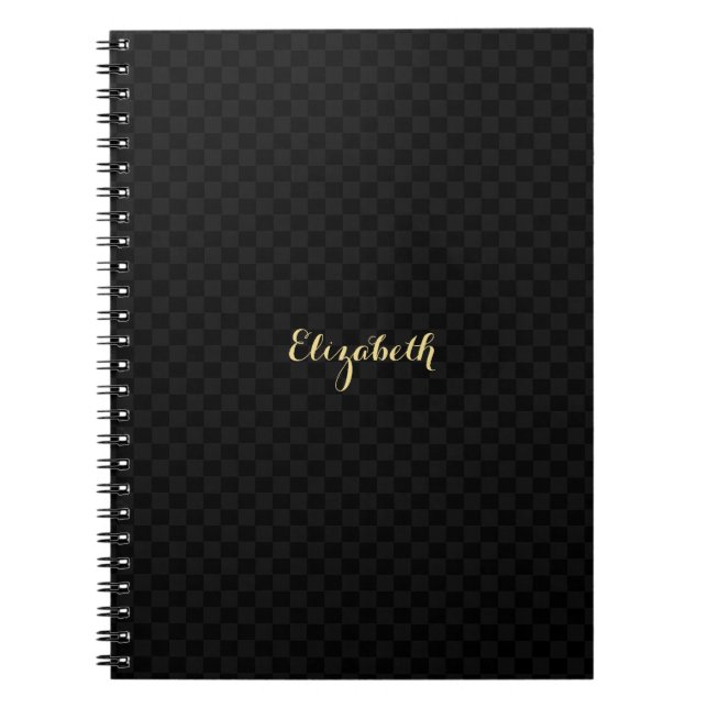 Custom Elegant Faux Gold Name Black Check Pattern Notebook (Front)