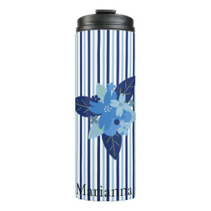 Custom elegant floral stripes monochromatic blue thermal tumbler