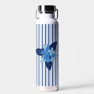 Custom elegant floral stripes monochromatic blue water bottle