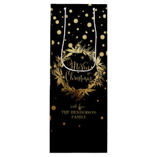 Custom Elegant Gold Black Merry Christmas Wreath Wine Gift Bag