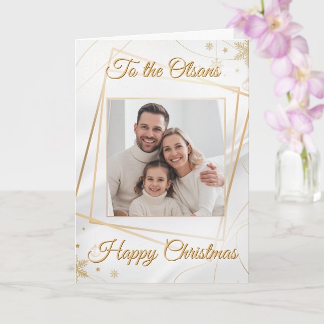 Custom Elegant Gold Family Photo Christmas Card (Orchid)