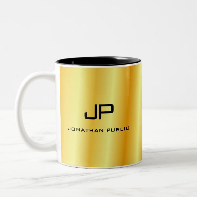 Custom Elegant Gold Look Monogram Template Two-Tone Coffee Mug (Left)