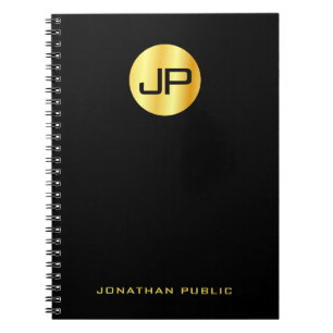 Custom Elegant Gold Monogrammed Black Template Notebook