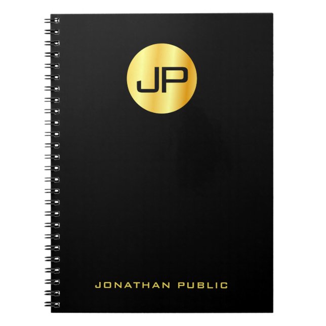 Custom Elegant Gold Monogrammed Black Template Notebook (Front)