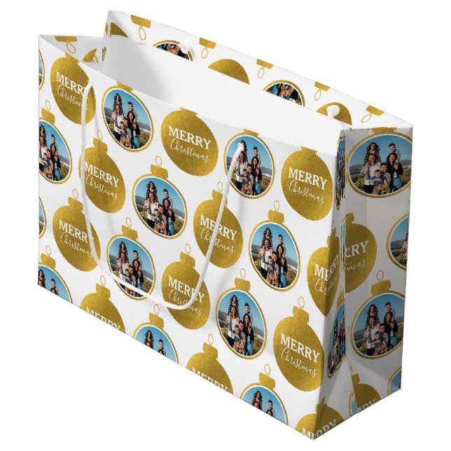 Custom Elegant Gold Photo Ornaments Christmas Large Gift Bag (Front Angled)