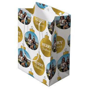 Custom Elegant Gold Photo Ornaments Christmas Medium Gift Bag