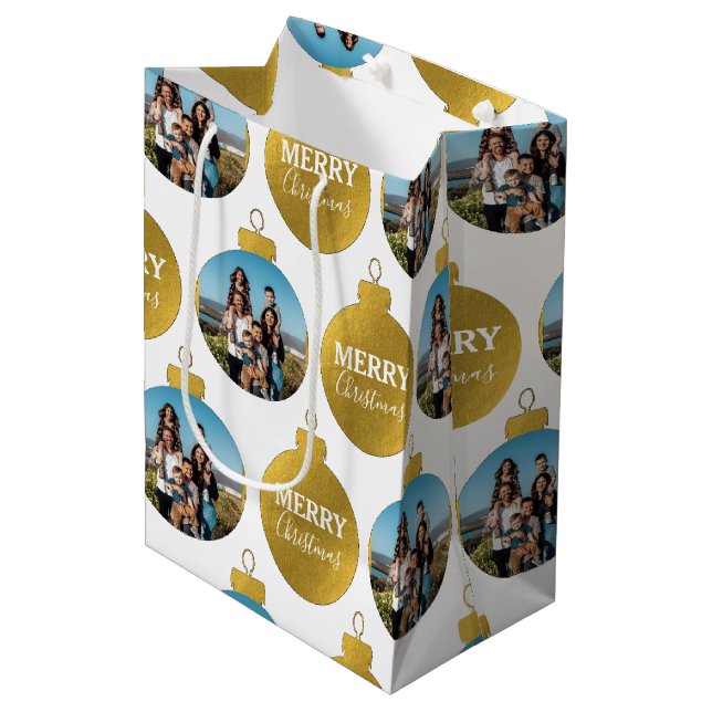 Custom Elegant Gold Photo Ornaments Christmas Medium Gift Bag (Front Angled)