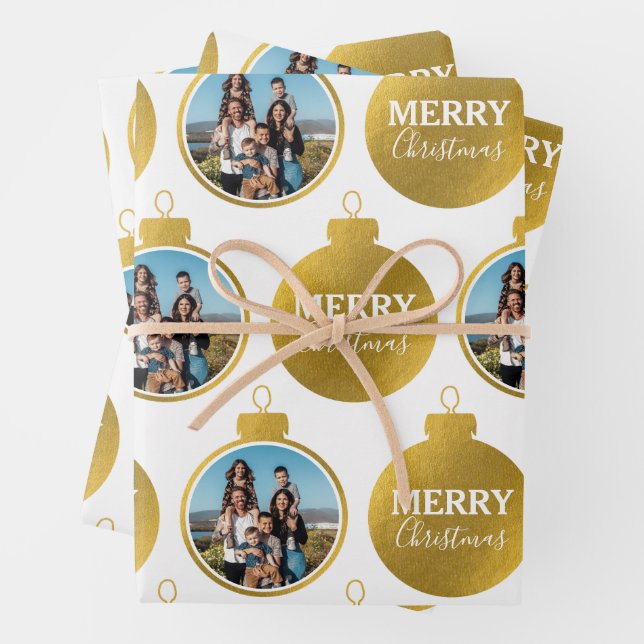 Custom Elegant Gold Photo Ornaments Christmas Wrapping Paper Sheet (In situ)