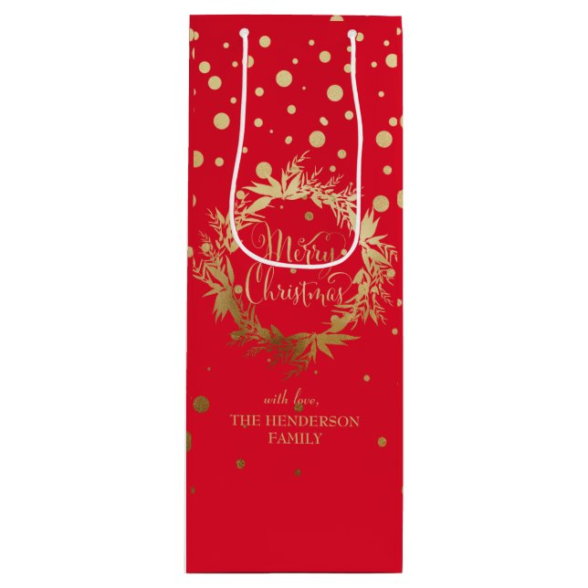Custom Elegant Gold Red Merry Christmas Wreath Wine Gift Bag (Front)