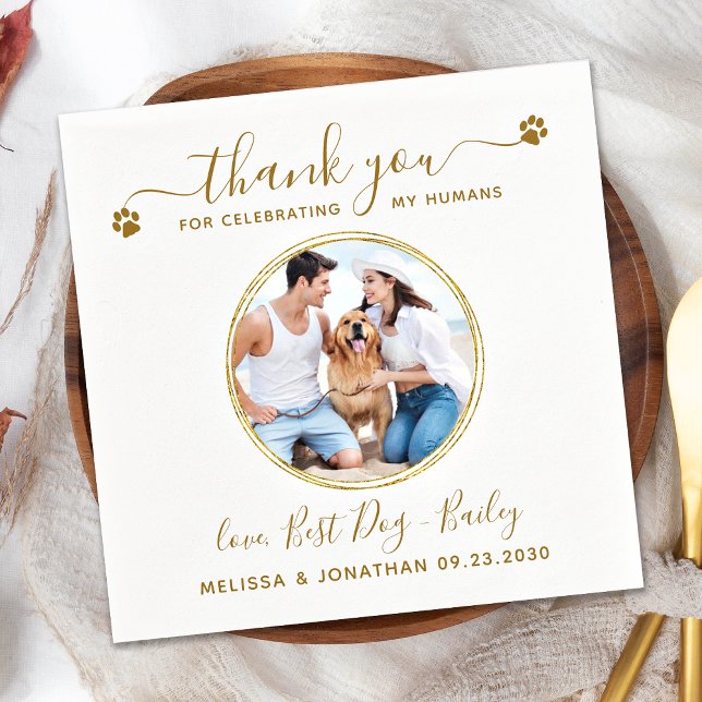 Custom Elegant Gold Thank You Photo Pet Wedding Napkin (Creator Uploaded)