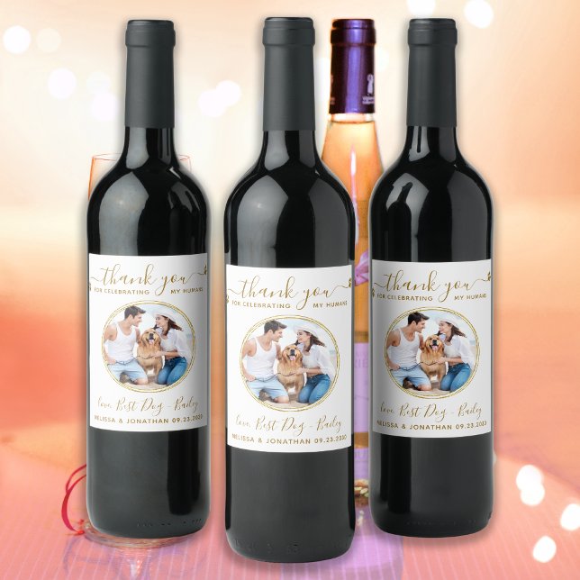 Custom Elegant Gold Thank You Photo Pet Wedding Wine Label (Creator Uploaded)