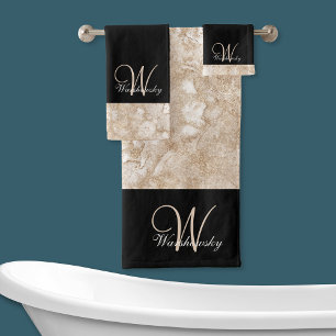 Custom Elegant Golden Tan and Black Monogrammed Bath Towel Set