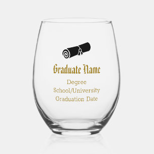 Custom Elegant Graduation Diploma Black Gold Stemless Wine Glass