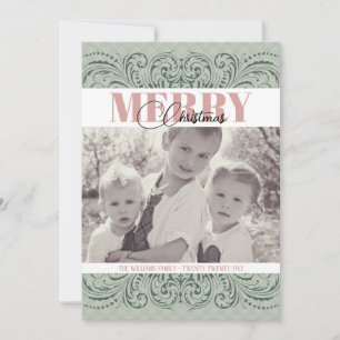 Custom Elegant Green & Pink Photo Christmas Cards