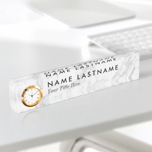 Custom Elegant Grey White Marble Name Plate Clock