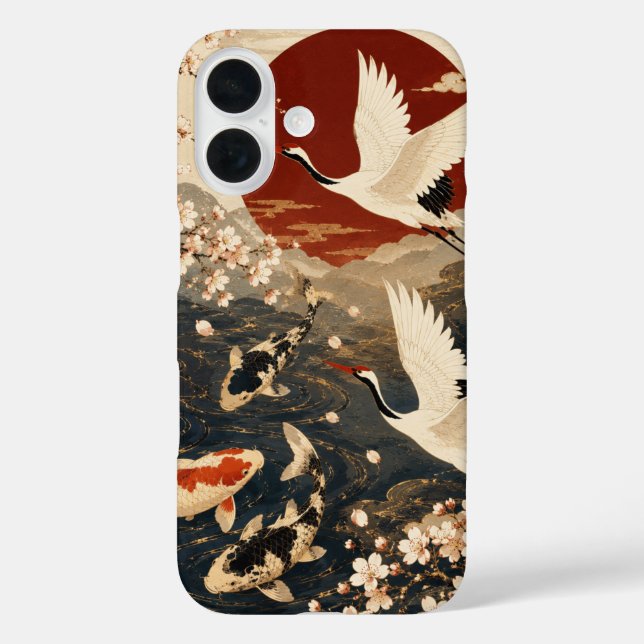 Custom Elegant Japanese Koi & Crane Art Case-Mate iPhone Case (Back)