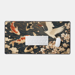 Custom Elegant Japanese Koi & Crane Art Desk Mat