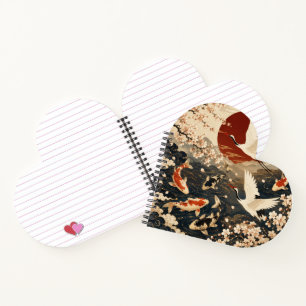 Custom Elegant Japanese Koi & Crane Art Heart Notebook