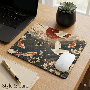 Custom Elegant Japanese Koi & Crane Art Mouse Mat