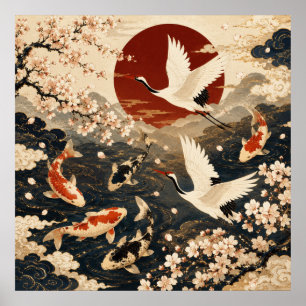 Custom Elegant Japanese Koi & Crane Art Poster