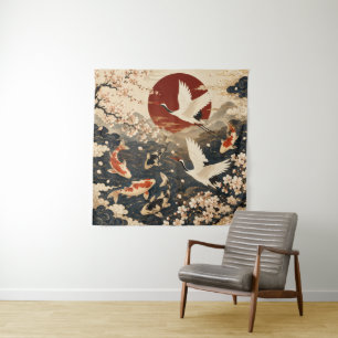 Custom Elegant Japanese Koi & Crane Art Tapestry