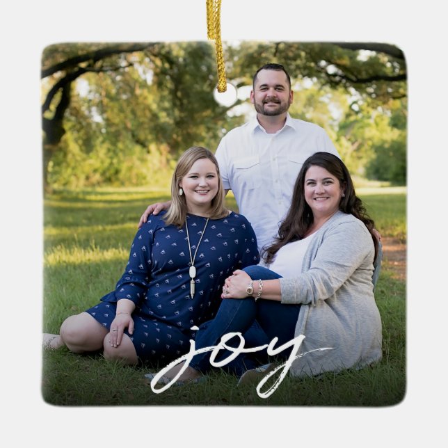 Custom Elegant Joy 2-Sided Family Photo Christmas Ceramic Ornament (Front)