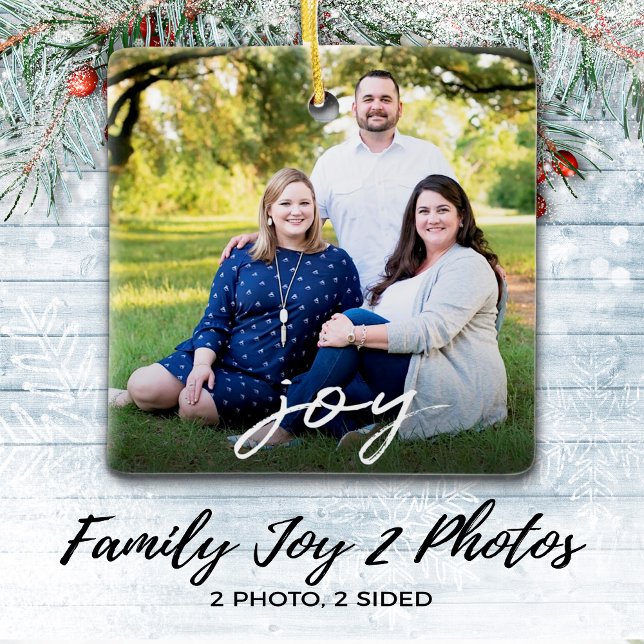 Custom Elegant Joy 2-Sided Family Photo Christmas Ceramic Ornament (Creator Uploaded)