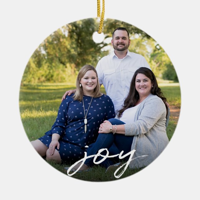 Custom Elegant Joy 2-Sided Family Photo Christmas Ceramic Tree Decoration (Front)