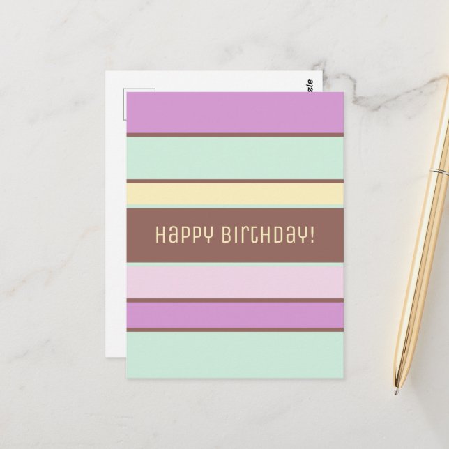 Custom Elegant Light Pastel Stripes Happy Birthday Postcard (Front/Back In Situ)