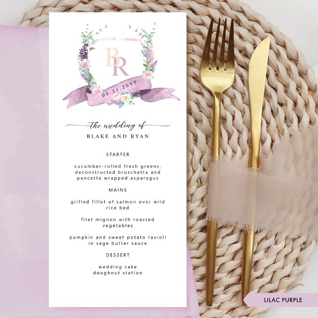 Custom Elegant Lilac Pastel Colour Monogram Weddin Menu (Creator Uploaded)