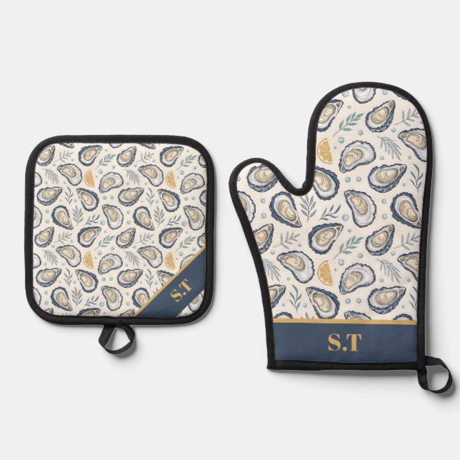 Custom Elegant Marine Oysters Oven Mitt & Pot Holder Set (Front)